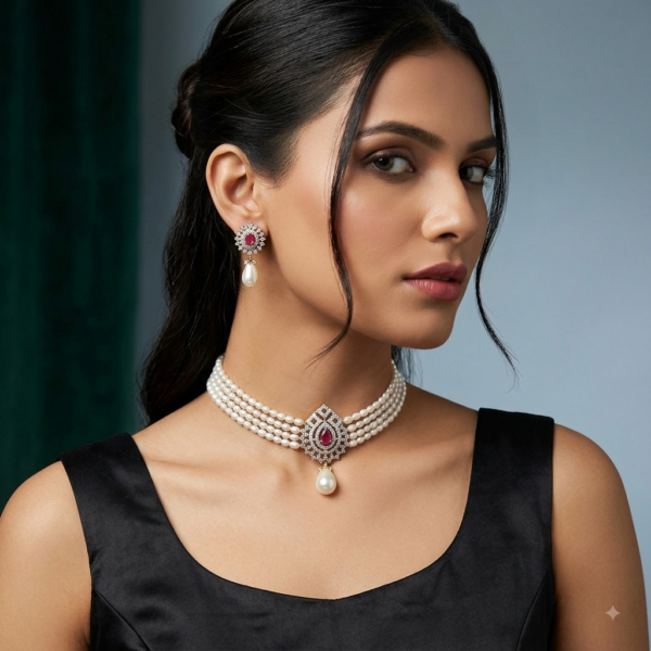 CZ Ruby Pendant Rice Pearl Choker Set