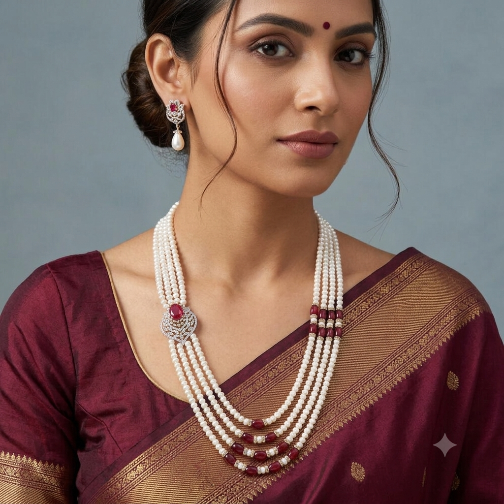CZ Ruby Pendant Side Brooch pearl Necklace