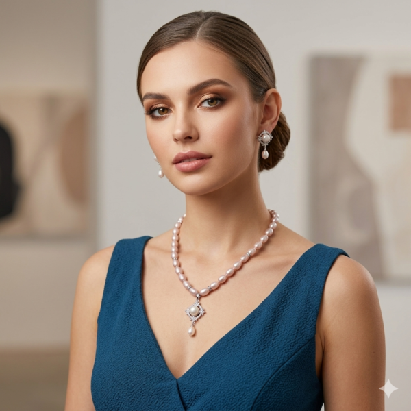 CZ Pendant Cream Oval Pearl Necklace