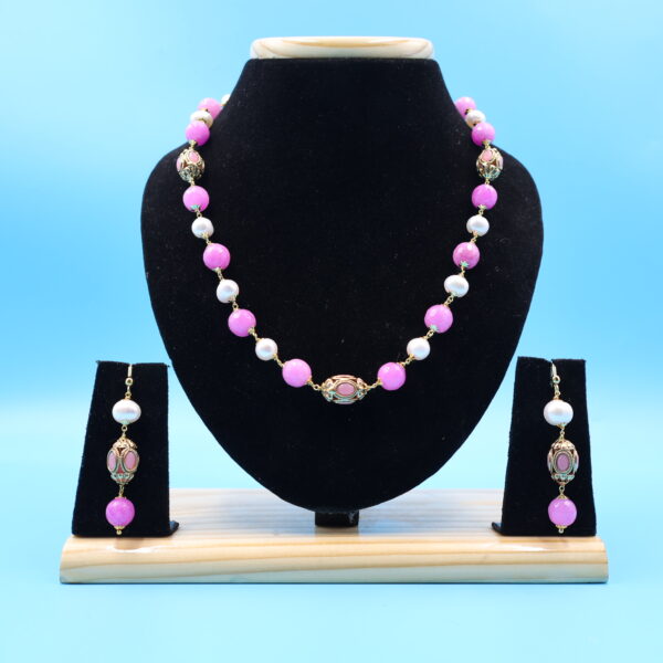 Alternative view of Pink Stone And Nakshi Ball Taar Mala Necklace