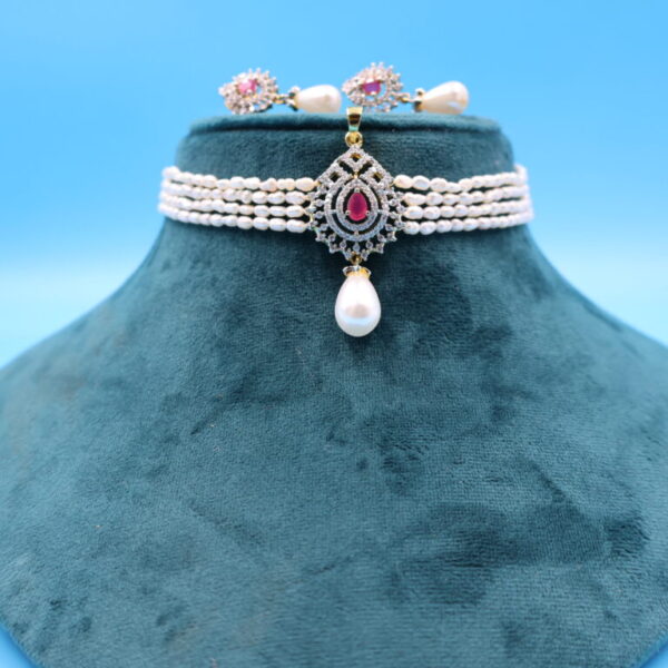 Alternative view of CZ Ruby Pendant Rice Pearl Choker Set