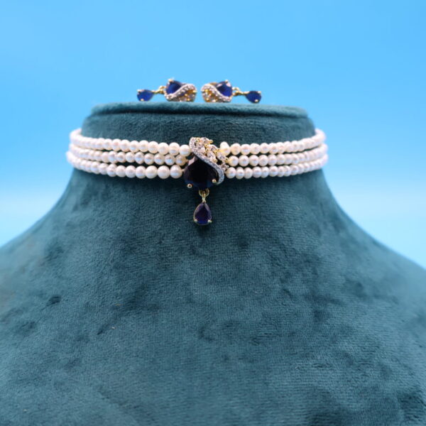 Alternative view of Blue Sapphire Pearl Choker Necklace Set
