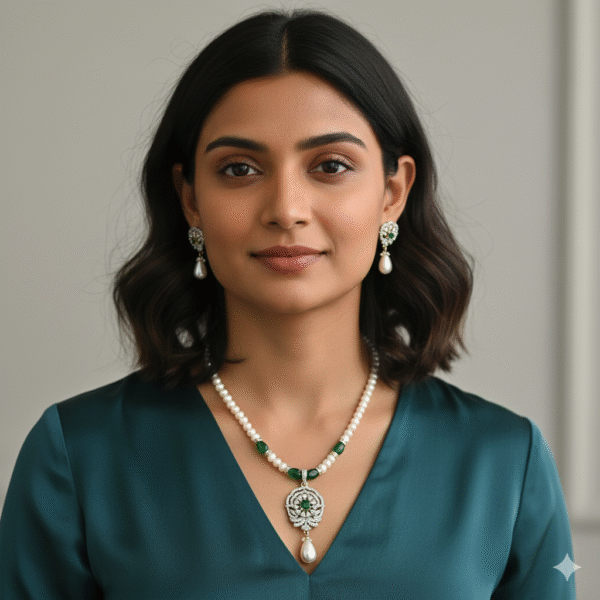 CZ Emerald Pendant Pearl Necklace