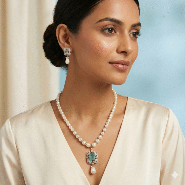 Emerald,CZ Pendant Pearl Necklace Set