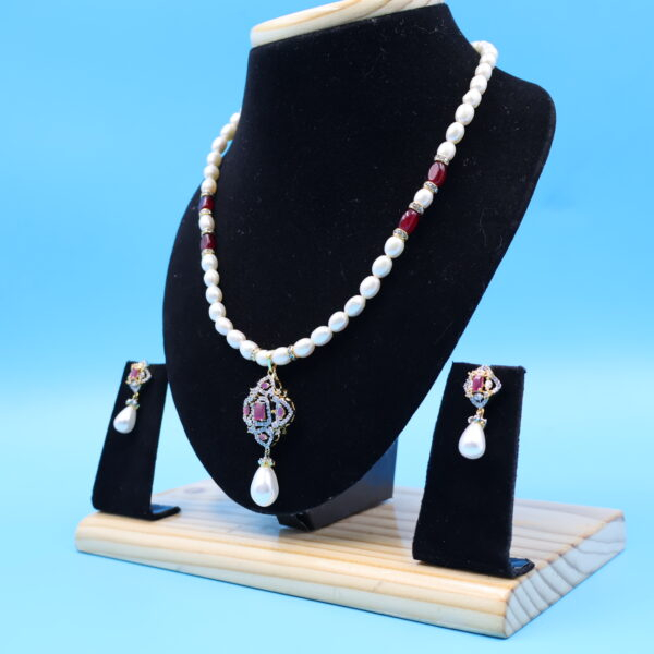 Alternative view of CZ Ruby Pendant Pearl Necklace Set