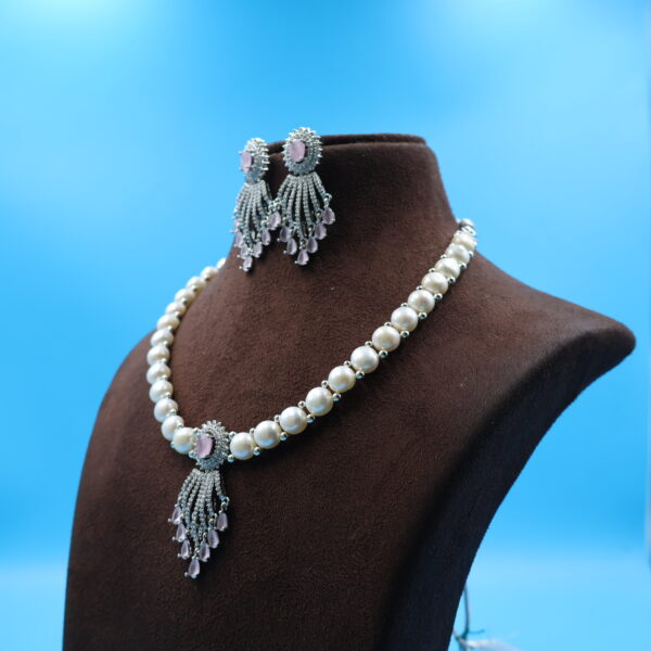 Alternative view of CZ Pendant Button Pearl Necklace Sets