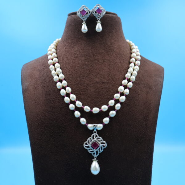 Alternative view of CZ Ruby Stone Pendant TWO Layer Pearl Necklace