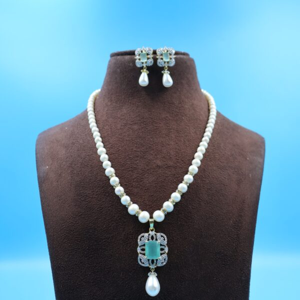 Emerald,CZ Pendant Pearl Necklace Set
