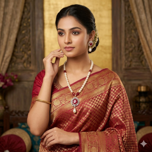 CZ Ruby Pendant Pearl Necklace