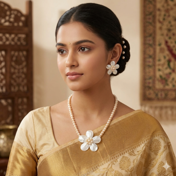 Single Row Flower Pearl Necklace Set