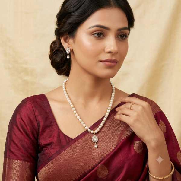 CZ Pendant Button Pearl Necklace