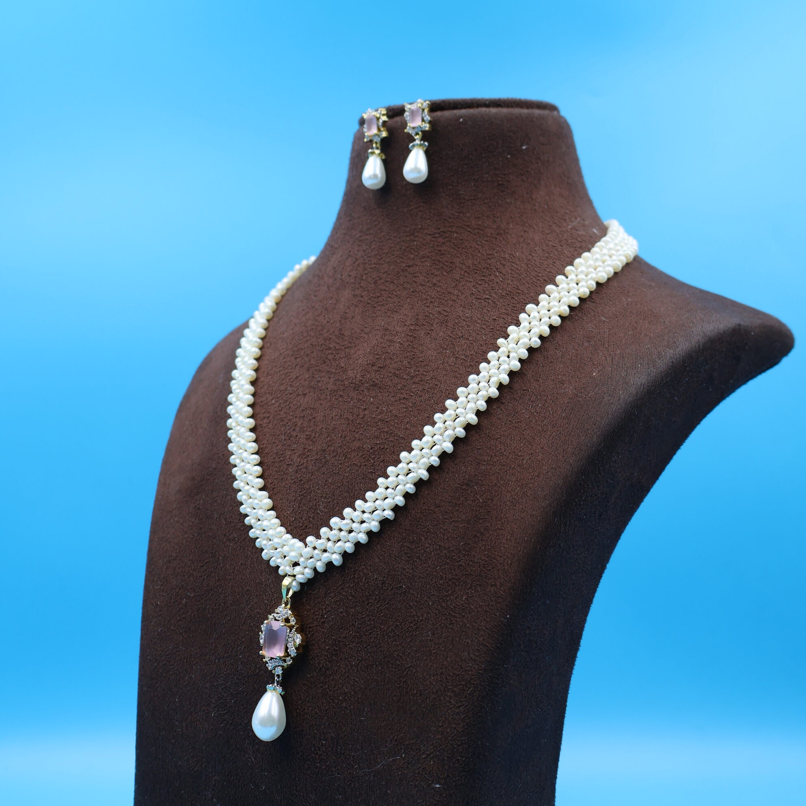 Pink CZ Stone Chandani Pearl Necklace - Image 2