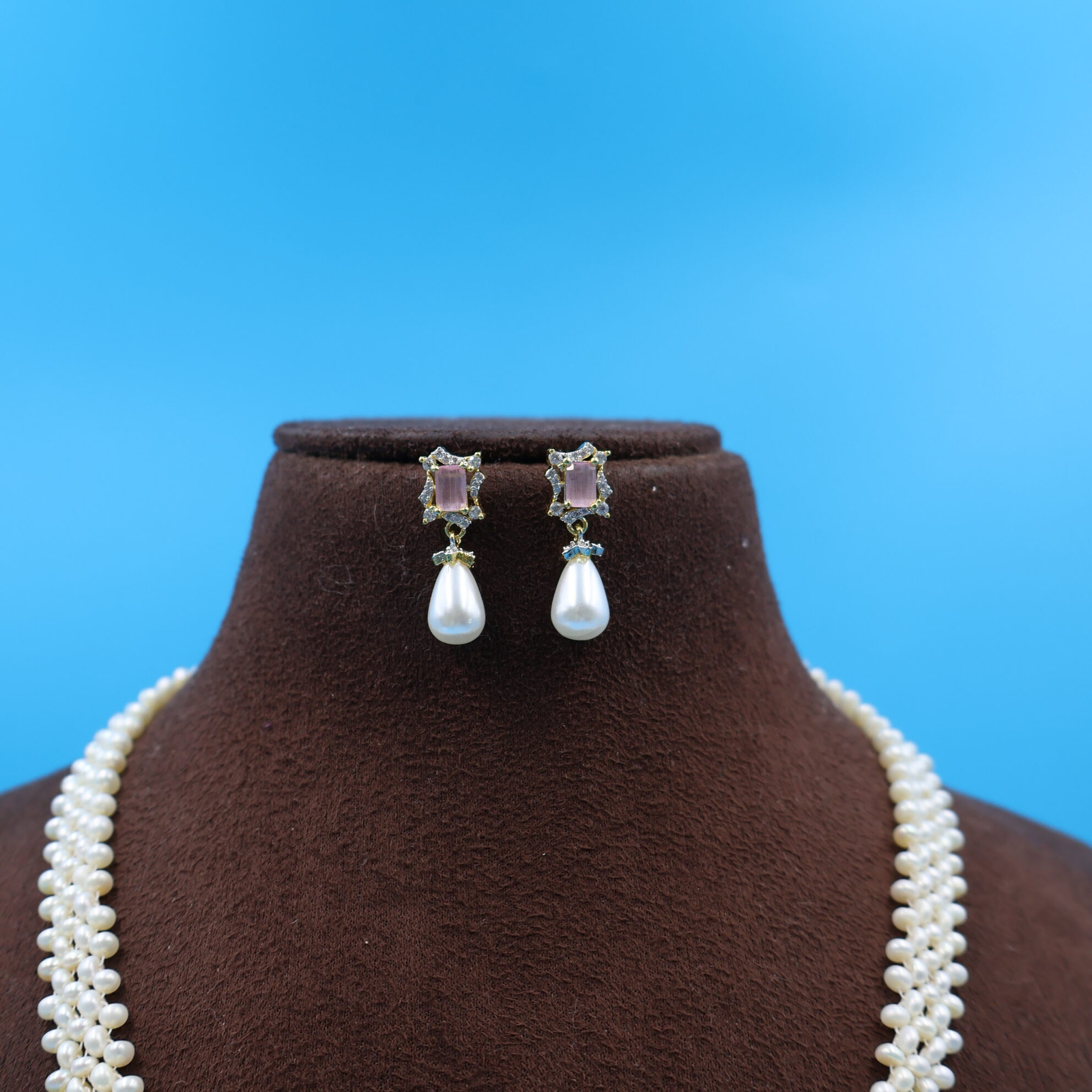 Pink CZ Stone Chandani Pearl Necklace - Image 4