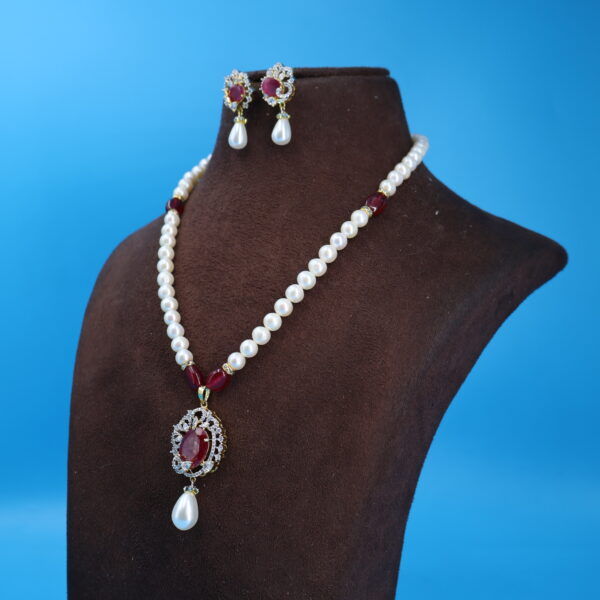Alternative view of CZ Ruby Pendant Pearl Necklace