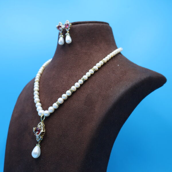 Alternative view of CZ Ruby Pendant Real Pearl Necklace Set