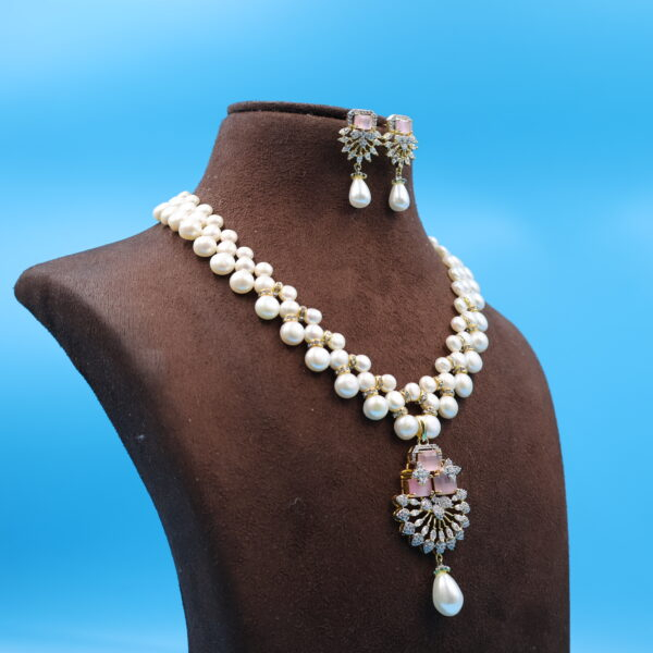 Alternative view of CZ Pink Stone Pendant Button Pearl Necklace Sets
