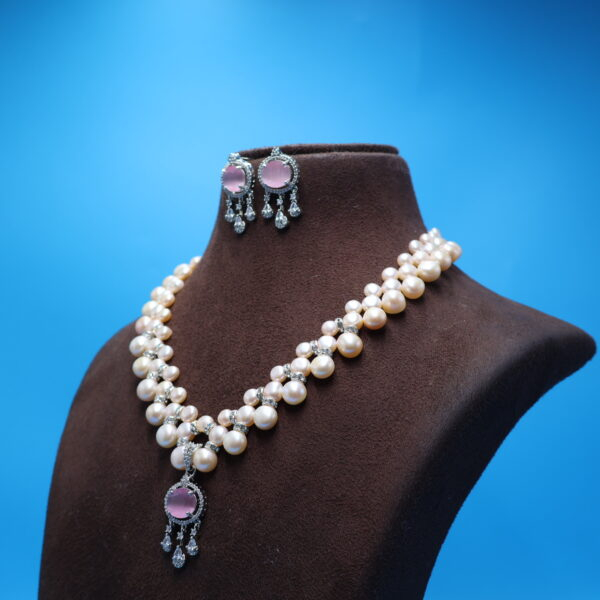 Alternative view of CZ Pendant Zigzag Button Pearl Necklace