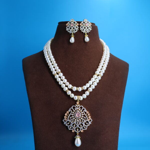 Alternative view of CZ Two layer Pendant Pearl Necklace Set
