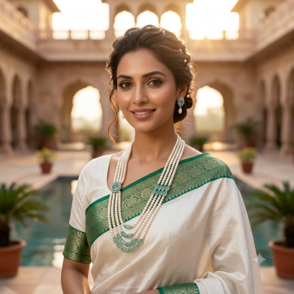 Emerald Side Brooch Pearl Necklace
