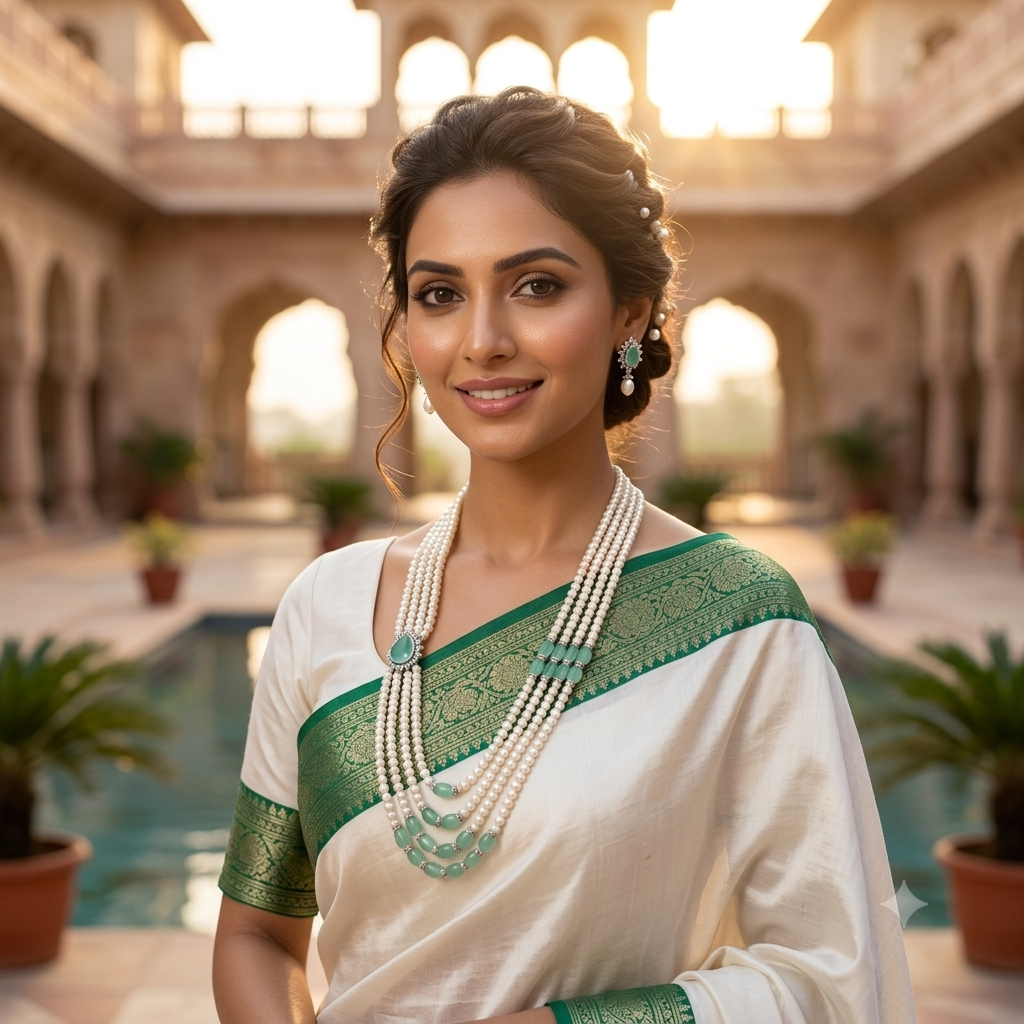 Emerald Side Brooch Pearl Necklace