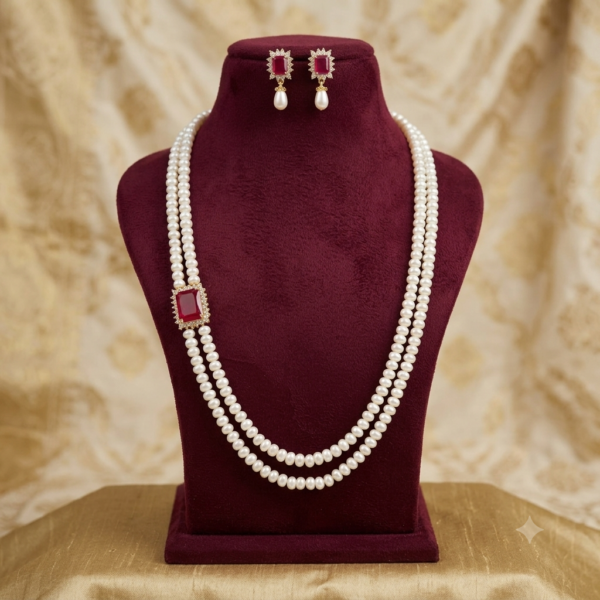 Ruby Pendant Side Brooch Pearl Necklace