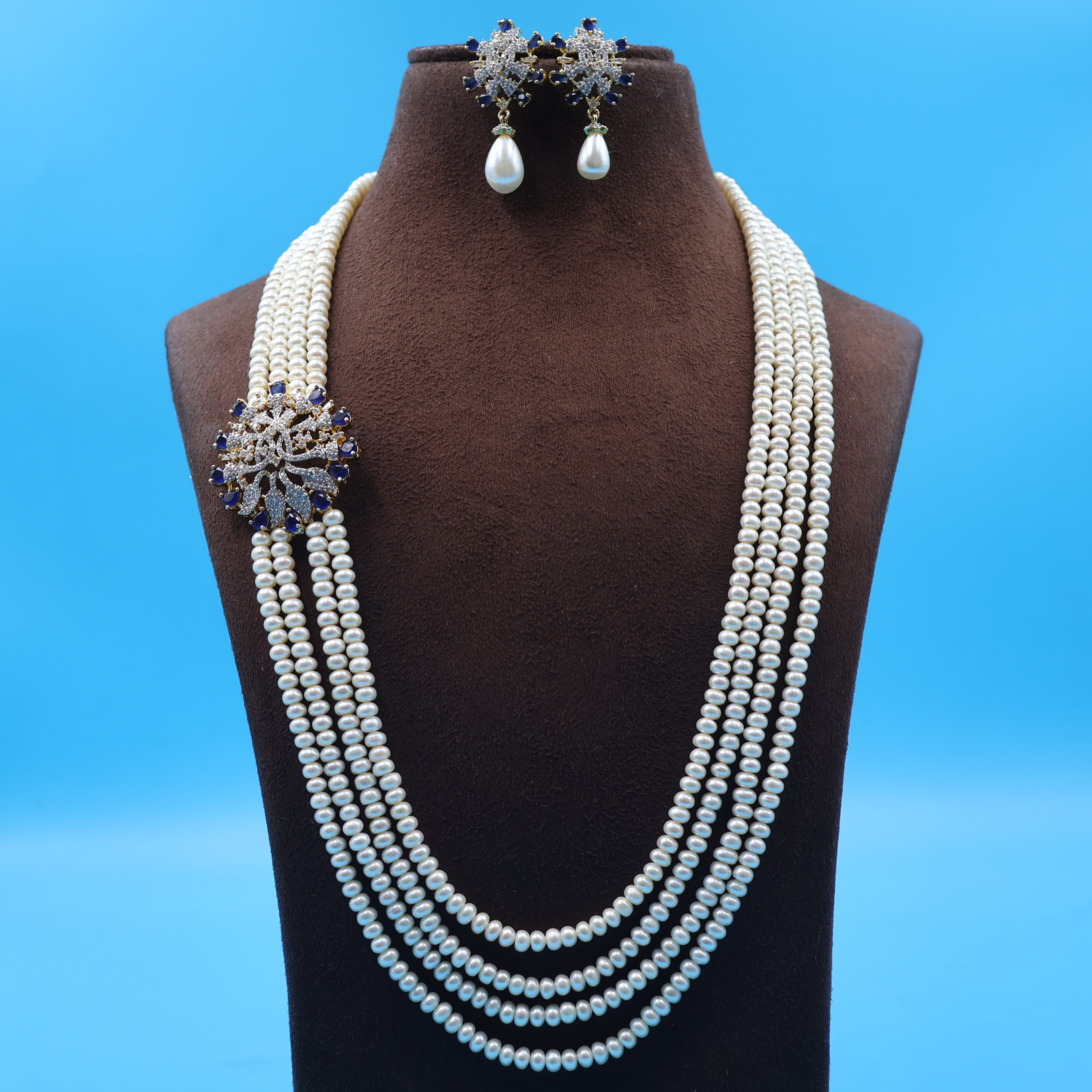 CZ Blue Sapphire Side brooch Pearl Necklace - Image 2