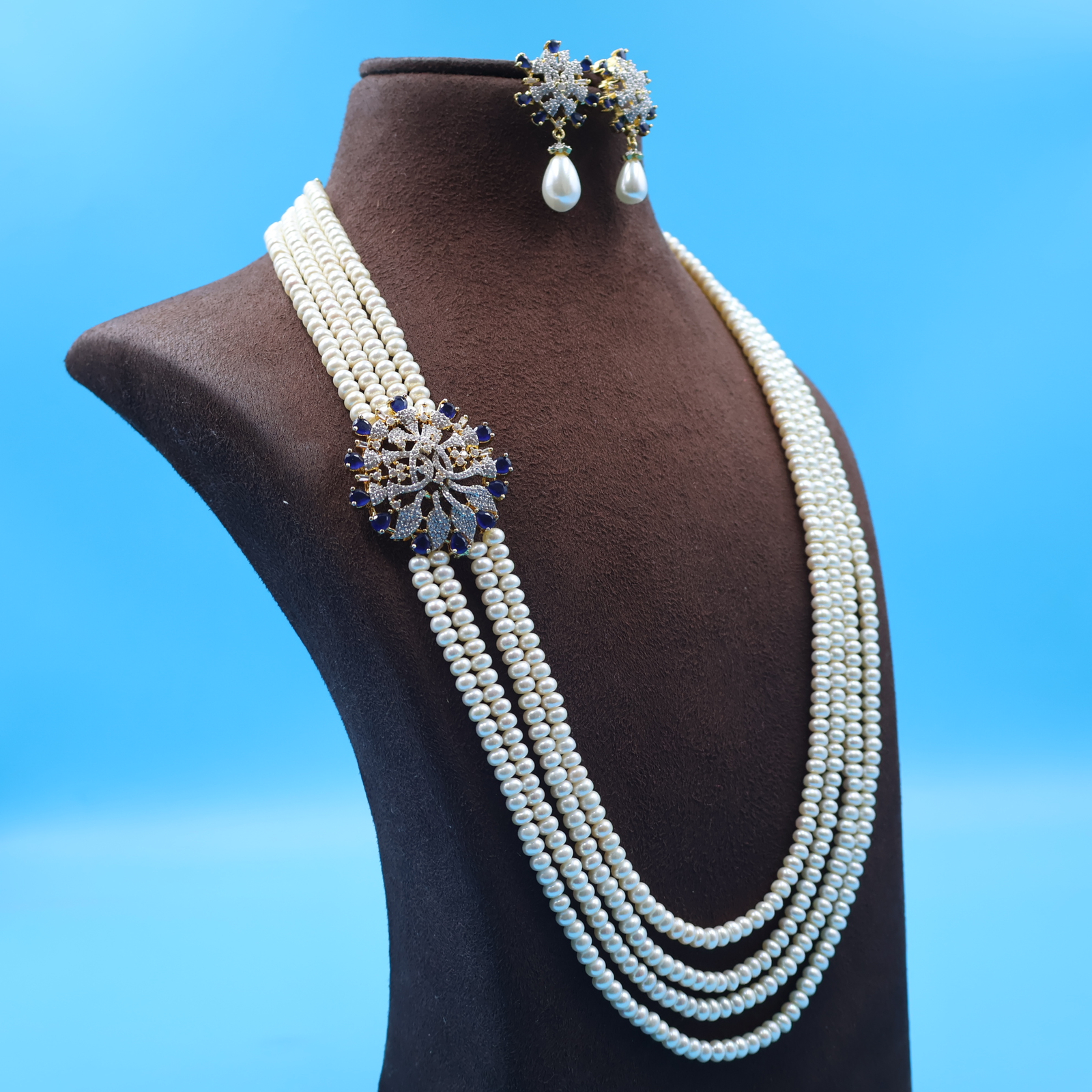 CZ Blue Sapphire Side brooch Pearl Necklace - Image 3