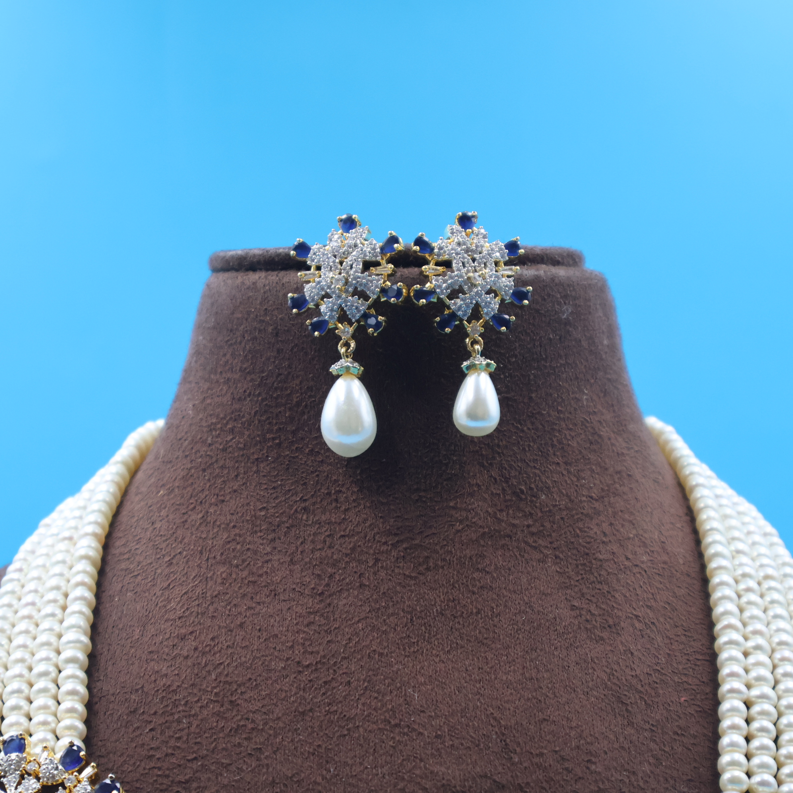 CZ Blue Sapphire Side brooch Pearl Necklace - Image 5