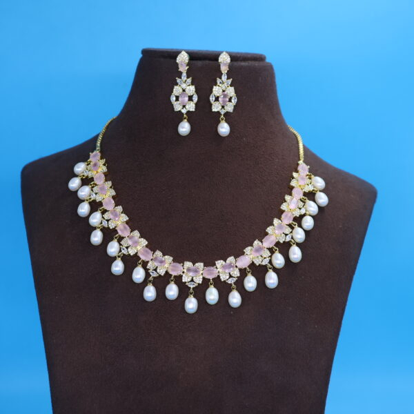 Alternative view of CZ Pink Stone Pearl Necklace Set