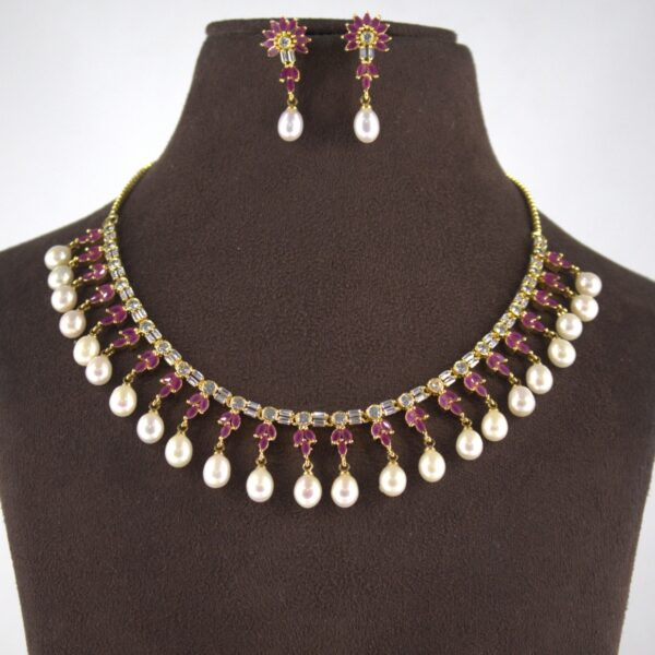 Alternative view of Ruby Stone Pearl Necklace Set