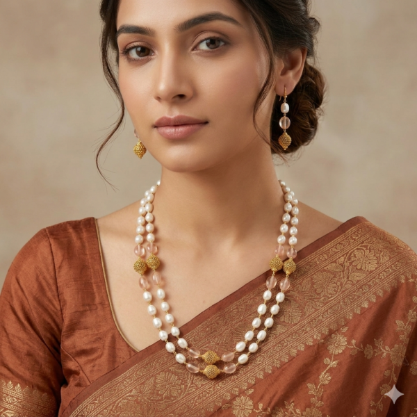 Pink Beads Gold Ball Pearl Taar Mala