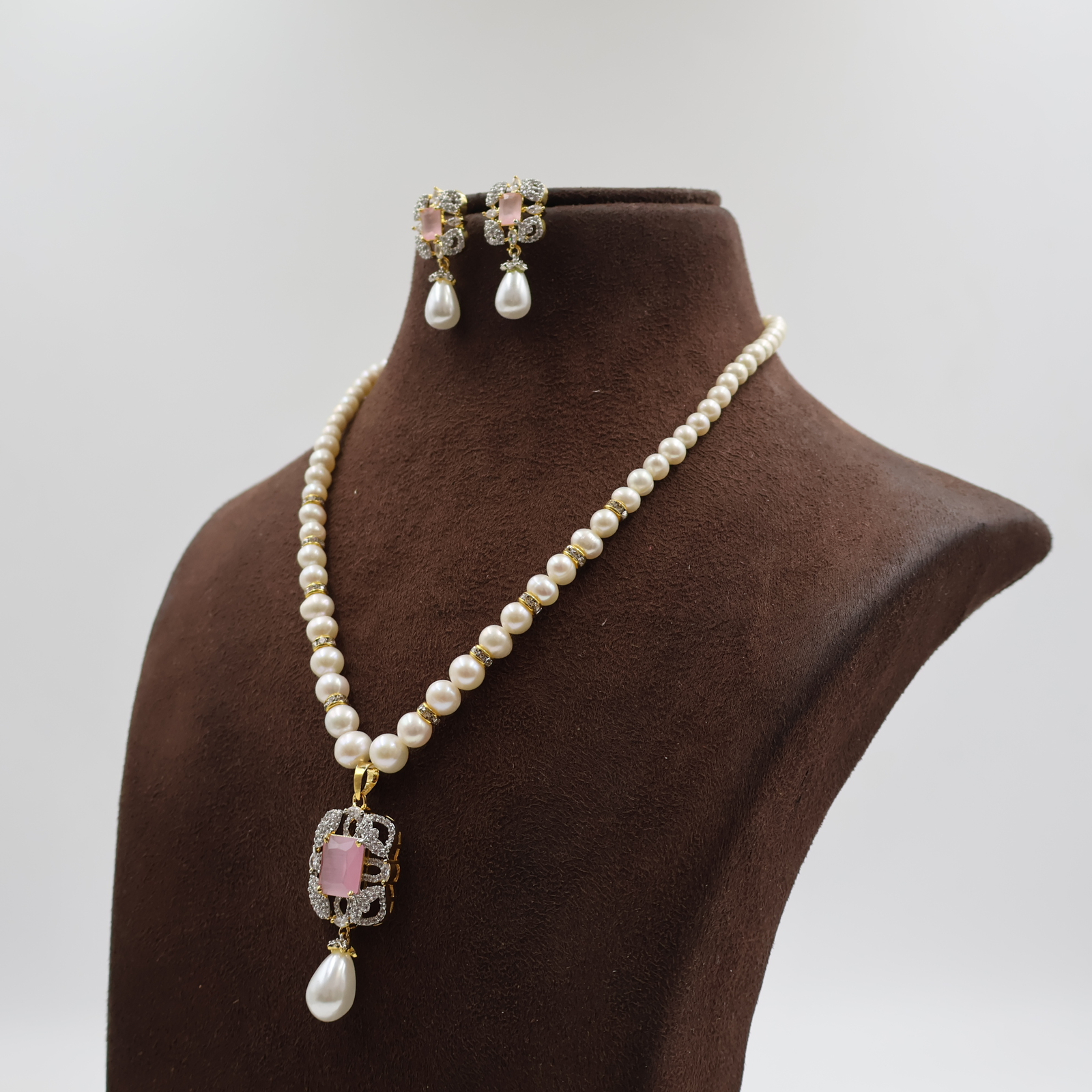 CZ Stone Pendant Pearl Necklaces Sets - Image 3