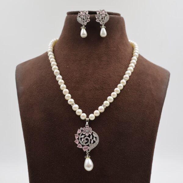 Alternative view of CZ Pink Stone Pendant Pearl Necklaces