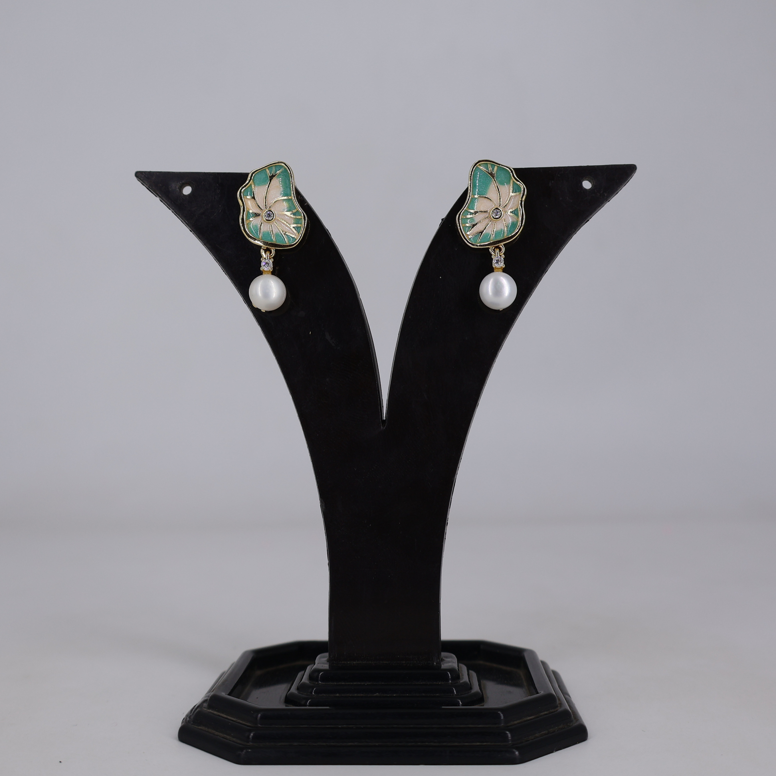 Green Floral Pearl Drop Earrings - Image 2