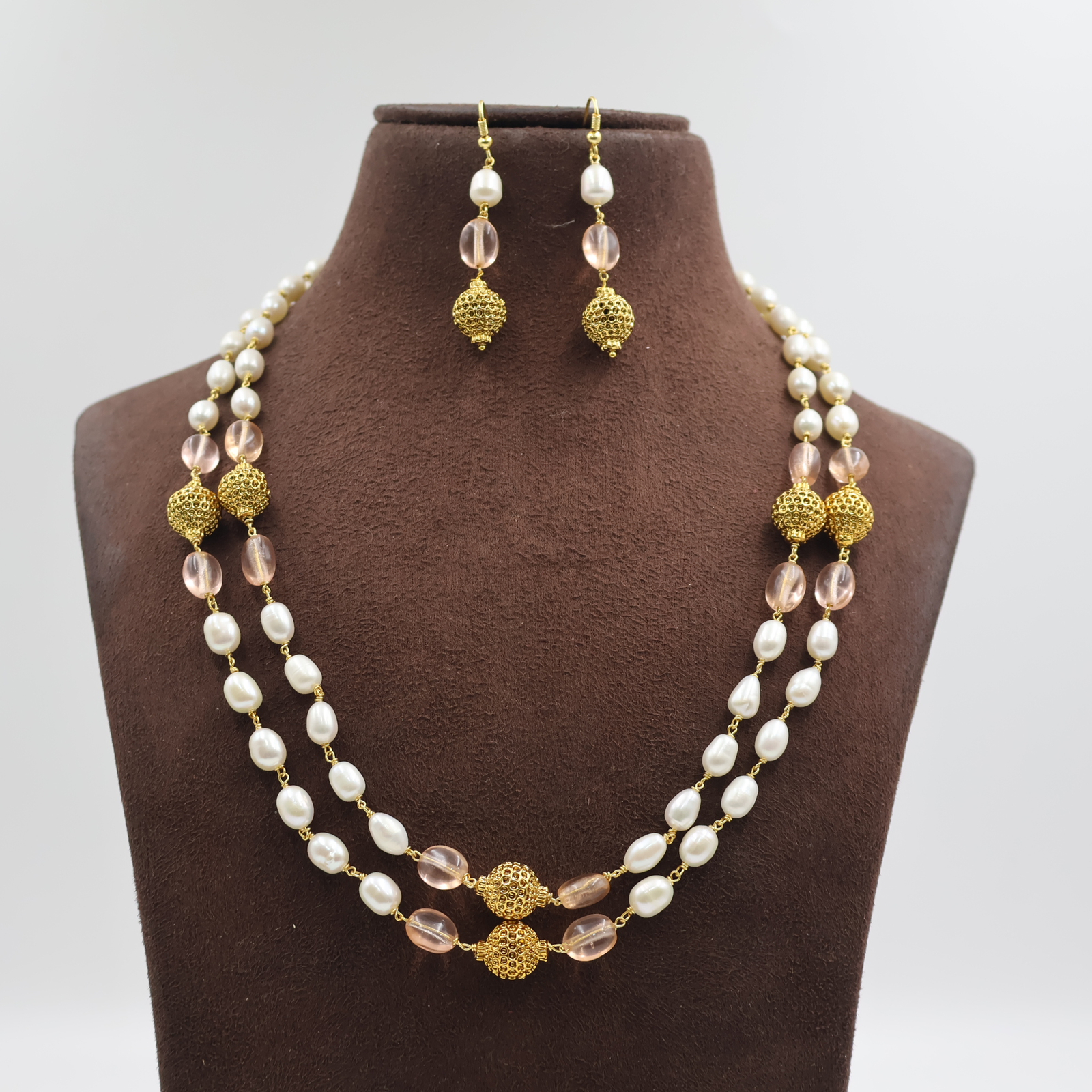 Pink Beads Gold Ball Pearl Taar Mala - Image 2