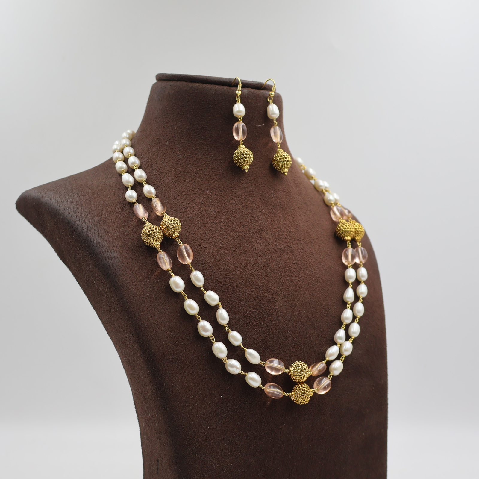 Pink Beads Gold Ball Pearl Taar Mala - Image 3