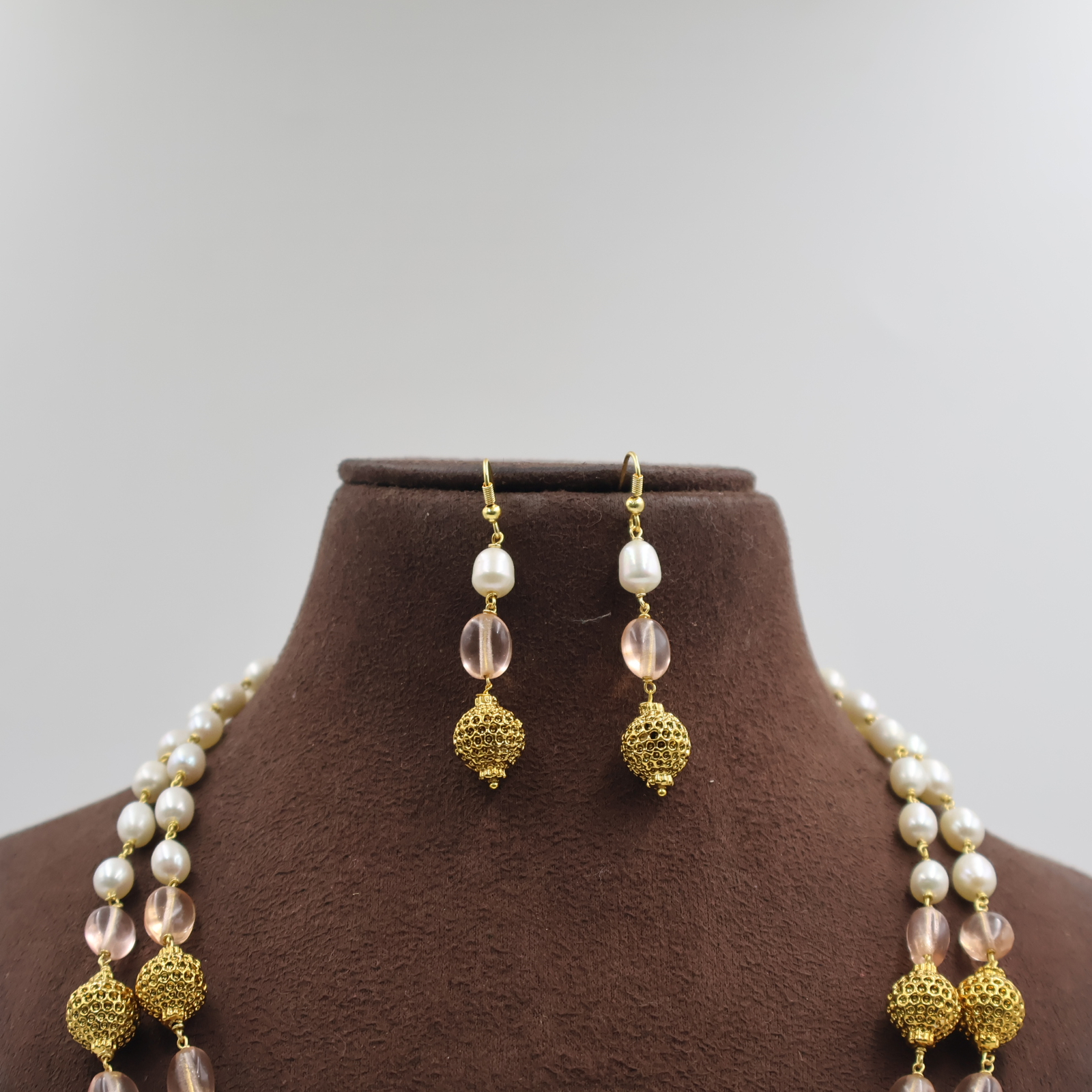 Pink Beads Gold Ball Pearl Taar Mala - Image 5