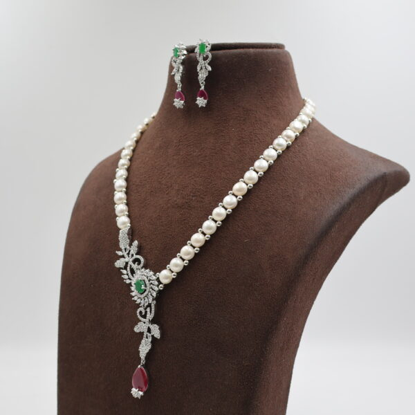 Alternative view of CZ Emerald Button Pearl Necklace