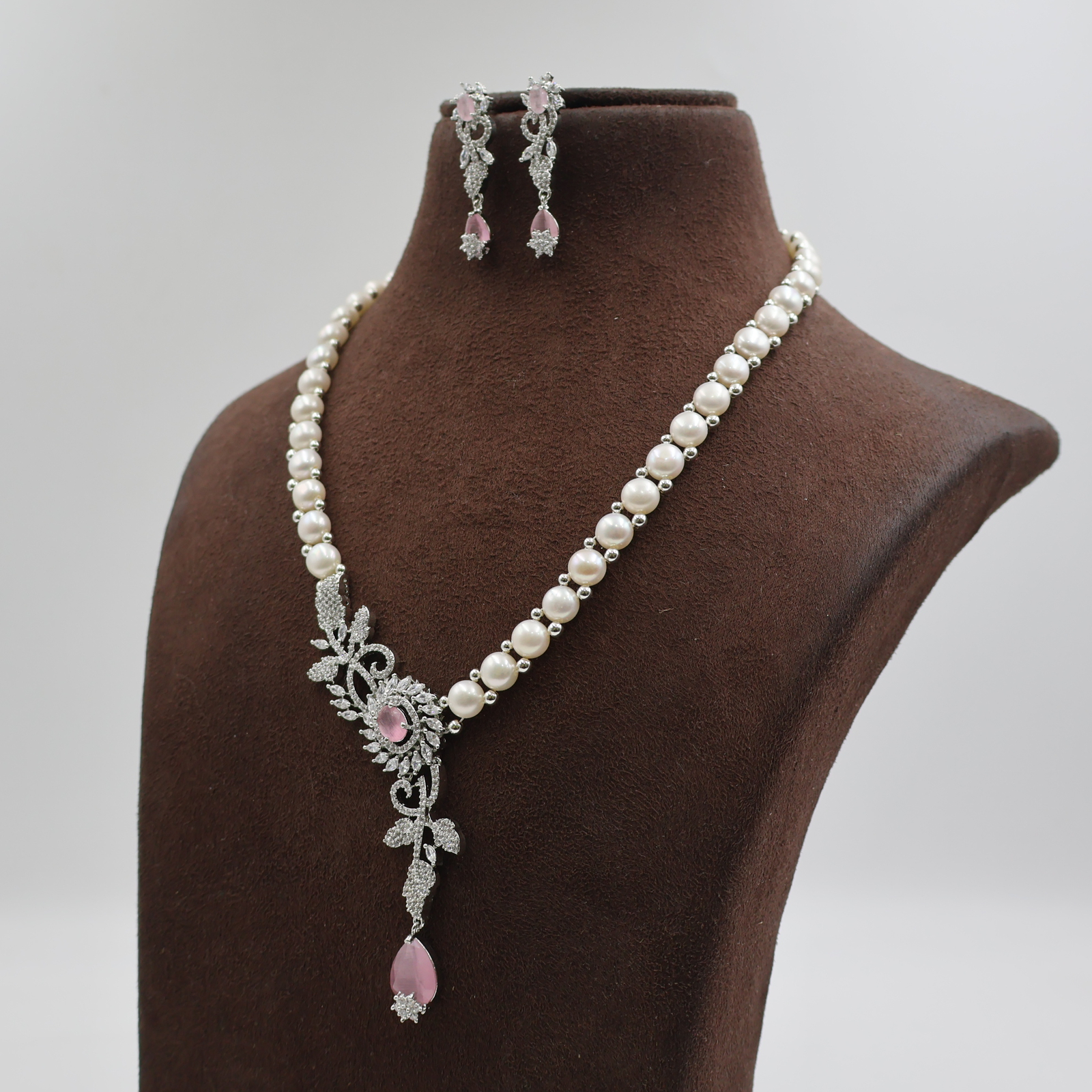 Pink Stone CZ Pendant Button Pearl Necklace - Image 2