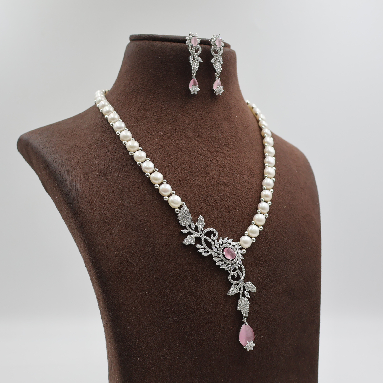 Pink Stone CZ Pendant Button Pearl Necklace - Image 3