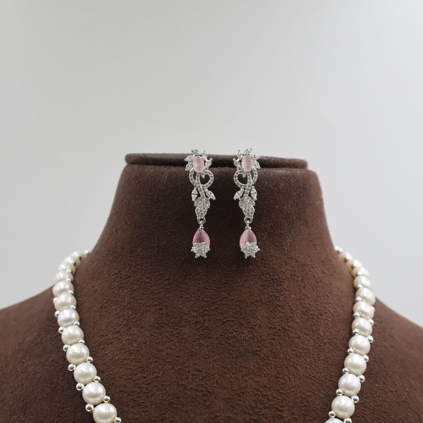 Pink Stone CZ Pendant Button Pearl Necklace - Image 4