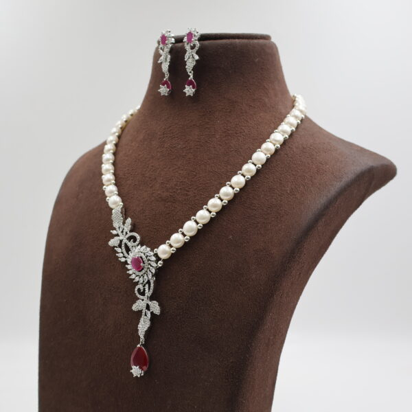 Alternative view of CZ Ruby Button Pearl Necklace