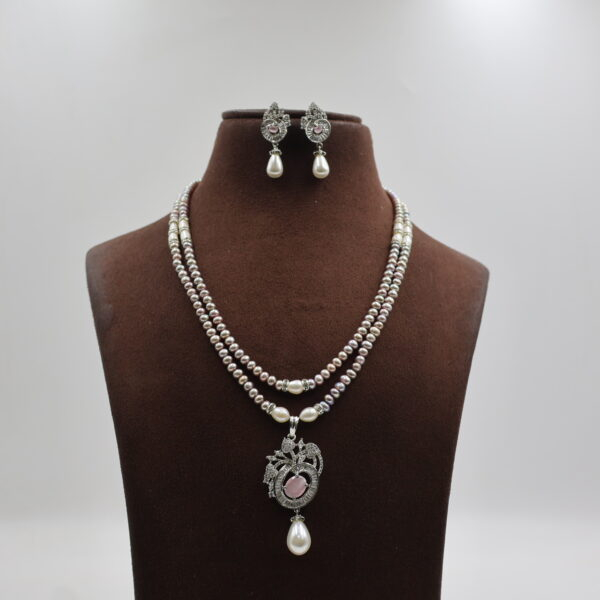 Alternative view of Elegant Pink Pendant Grey Pearl Necklace