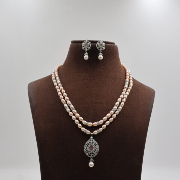 Alternative view of CZ Pink Stone Oval Pearl Necklace