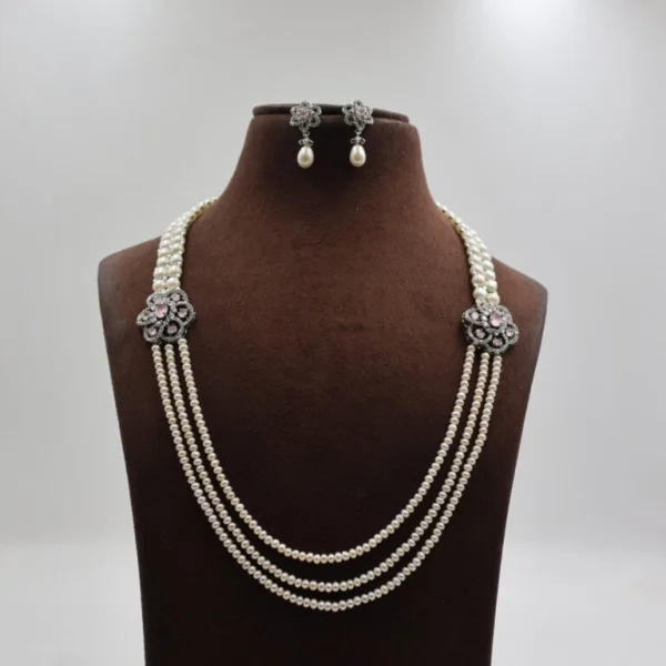 Pink Stone Button Side Brooch Pearl Necklace