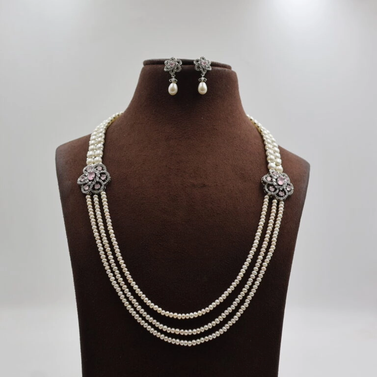 Pink Stone Button Side Brooch Pearl Necklace