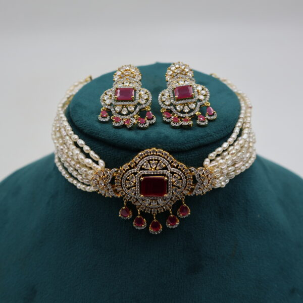 Alternative view of CZ Ruby Pendant Oval Pearl Choker