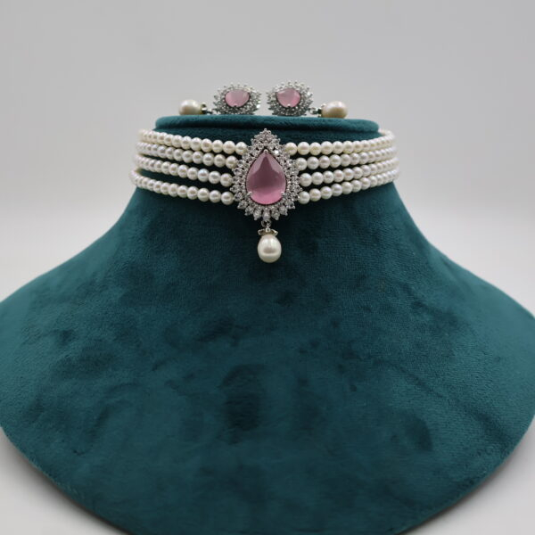 Alternative view of CZ Pink Stone Pendant Pearl Choker