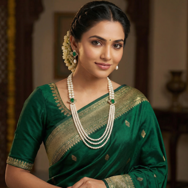 Emerald Side Brooch Pearl Necklace