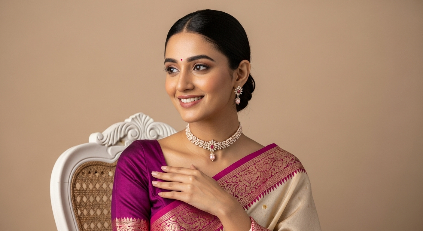 Buy Pink CZ Stone Chandani Pearl Necklace
